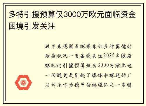 多特引援预算仅3000万欧元面临资金困境引发关注